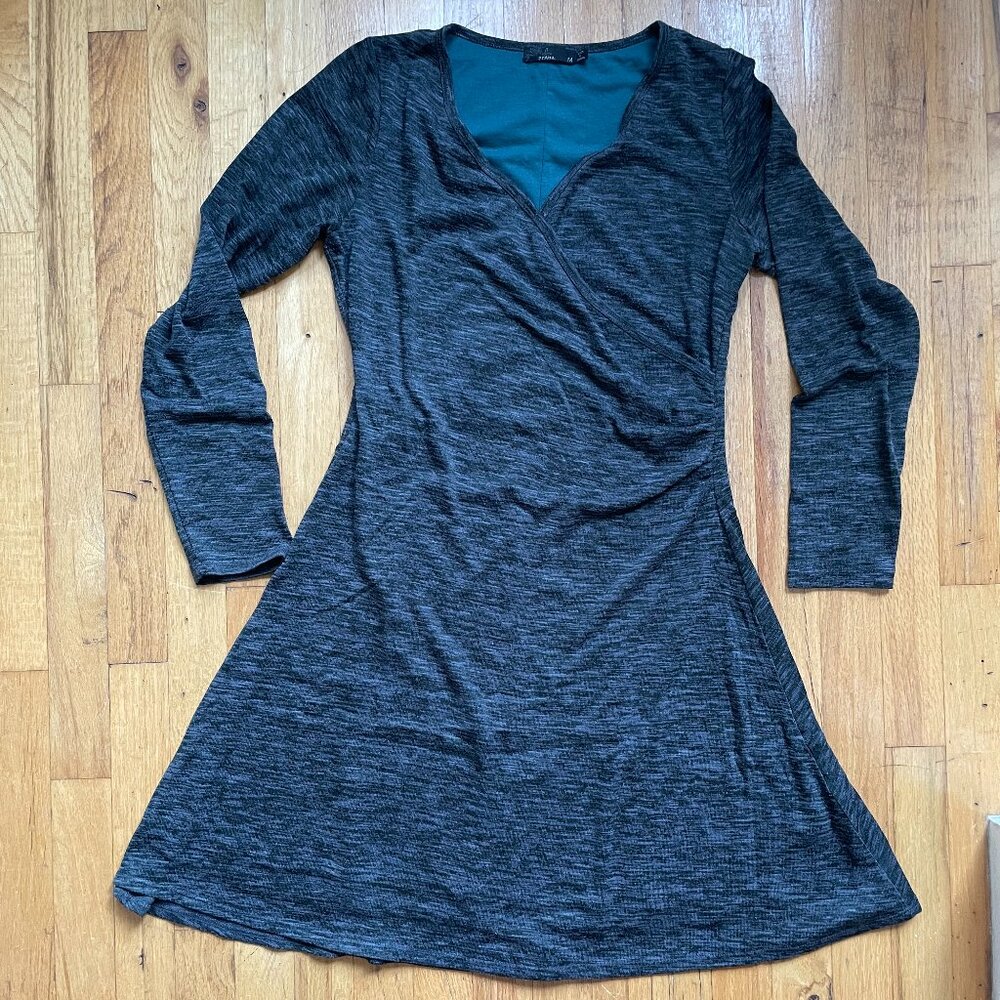 Prana Nadia Faux Wrap Dress Long Sleeves, Coal Women’s Size Medium